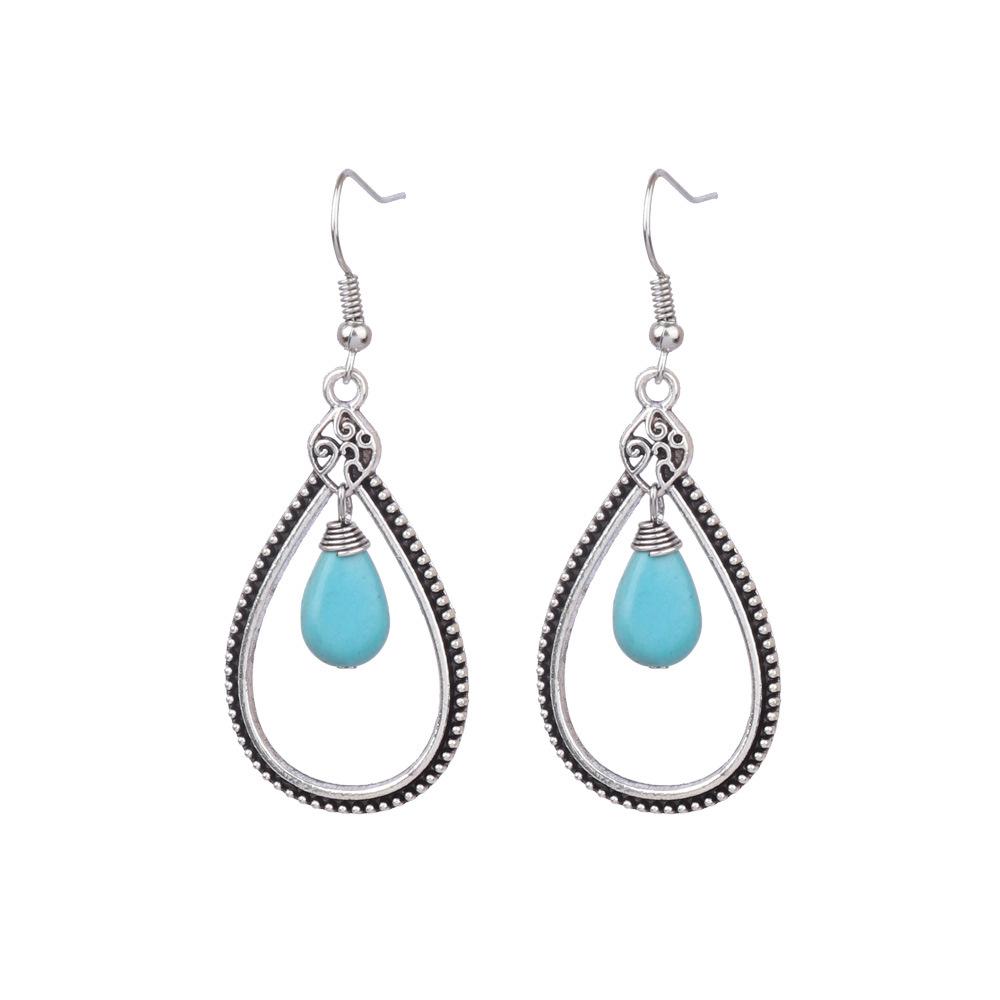 Ethnic Vintage Blue Beads Waterdrop Round Earrings for Women Boho Creative Geometric Silver Color Dangle Earrings Jhumka Jewelry