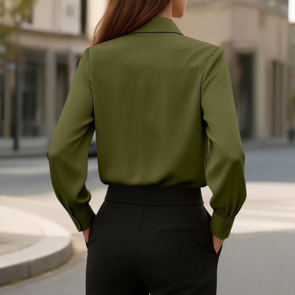 Women's Fashion -Color Button-Down Tie-Front Long-Sleeve Shirt Loose-Fit Top