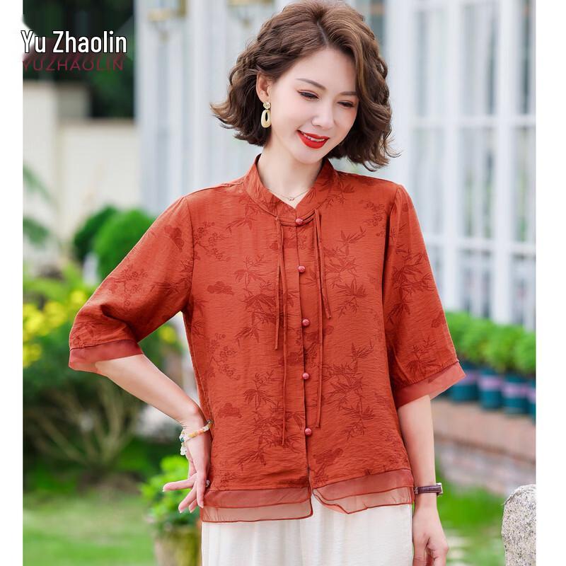 YUZHAOLIN Mom's Summer New Chinese Style Tencel Linen Shirt