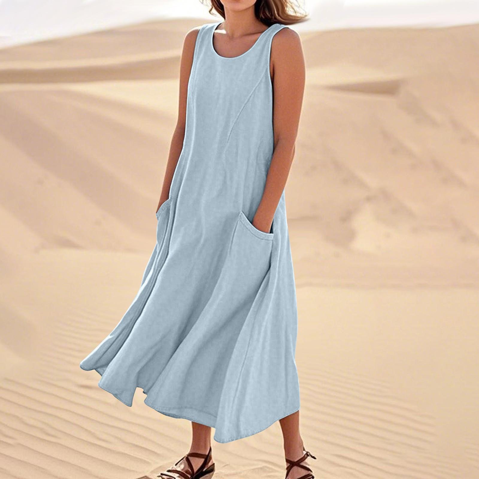 

Женские повседневные однотонные платья из хлопка с круглым вырезом без рукавов и карманами S синий