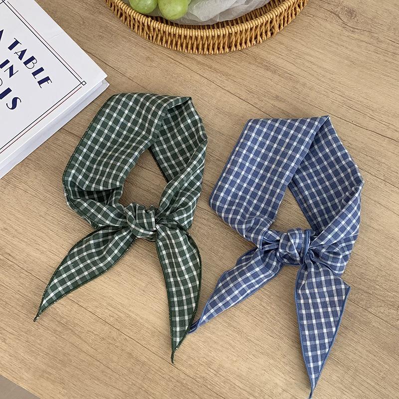 Silk Scarf High-end New Plaid Literary and Decorative Neck Scarf Retro Cotton and Linen Triangle Scarf Headscarf Headband Hair Tie
