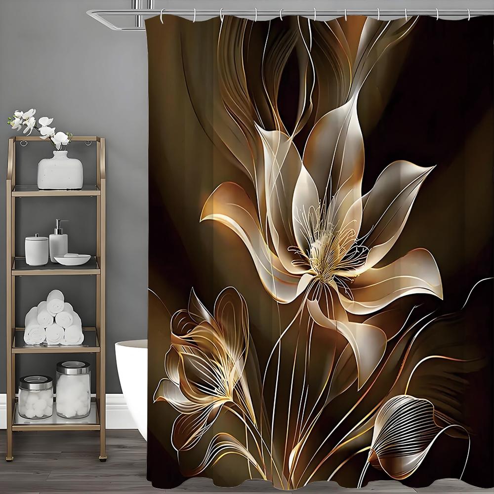 Gold Floral Black Modern Aesthetic Shower Curtain, Bathroom Decorative Shower Curtain, Waterproof Shower Curtain with Hooks