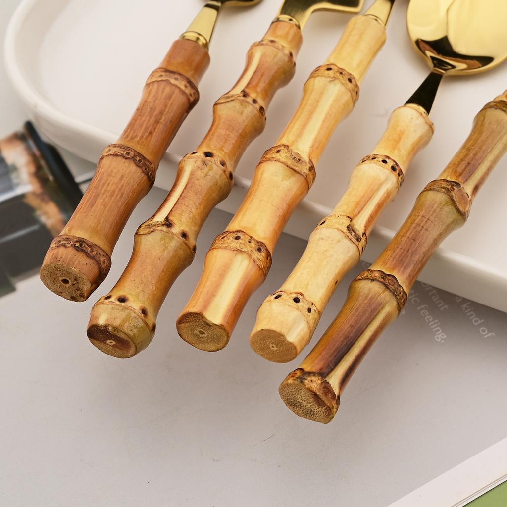 16 PCS Bamboo Handle Flatware Set, Stainless Steel Silverware Set for 4, Knives Forks Spoons and Tea Fork Set, Use For Home Kitchen Party and Travel