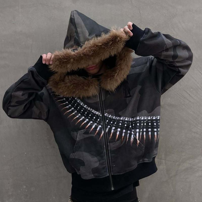 STREETRICH Fur Collar Cardigan Zipper Hooded Jacket Autumn and Winter Punk Hip-hop Rock Dark Style Rock Fashion All-match Y2K Retro Jacket