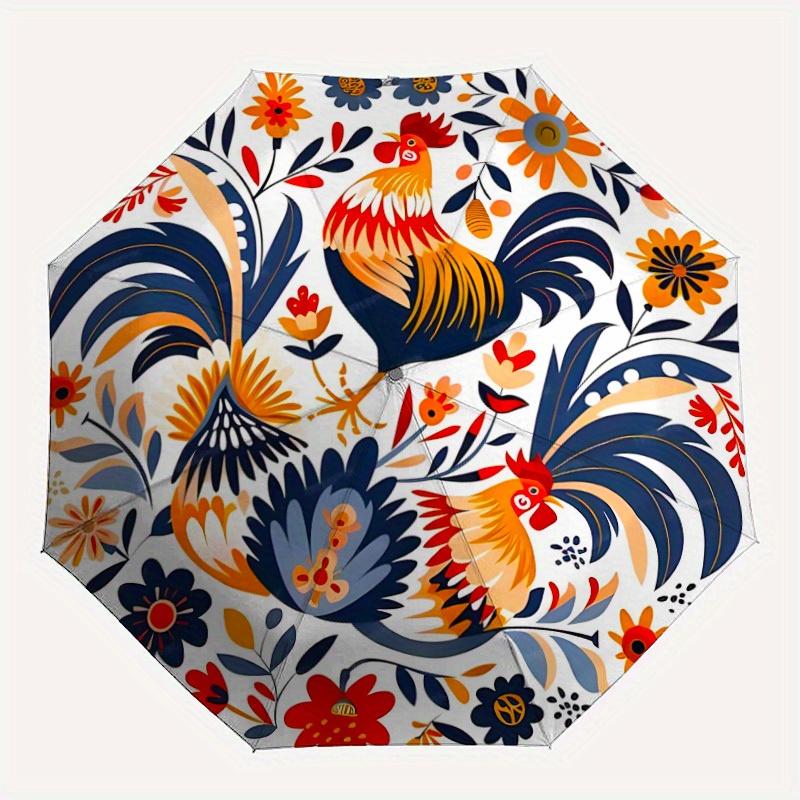 1pc Rooster Floral Pattern Automatic Folding Umbrella, Portable & Foldable Design with 8 Ribs, Casual Outdoor Accessory Halloween and Christ
