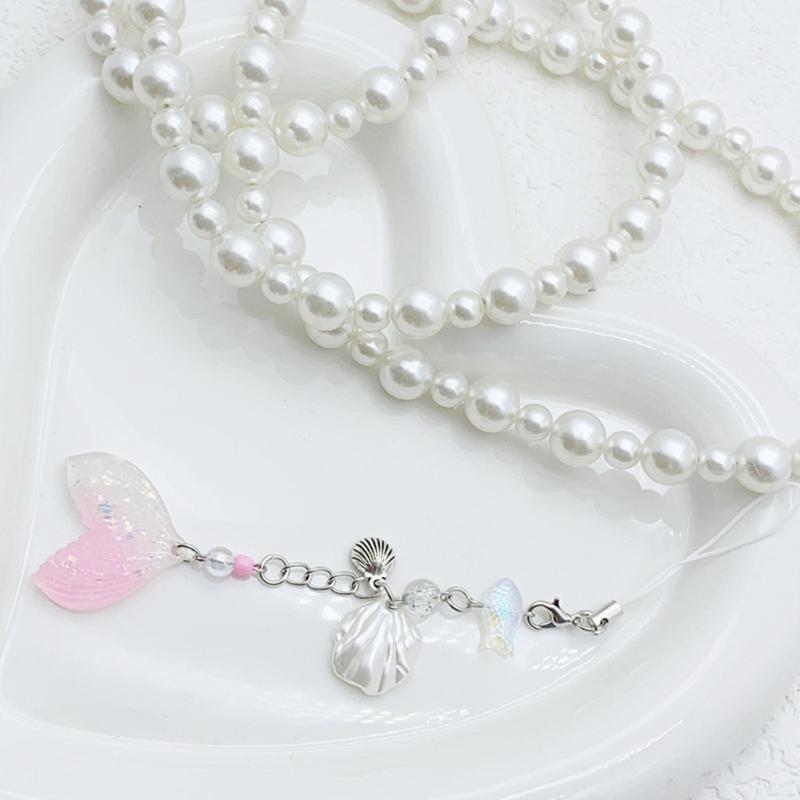 Shell Fish Tail/Bass/Heart Needle Keyring Phone Charm Detachable Phone Lanyard Beaded Keychain Jewelry for Wallet