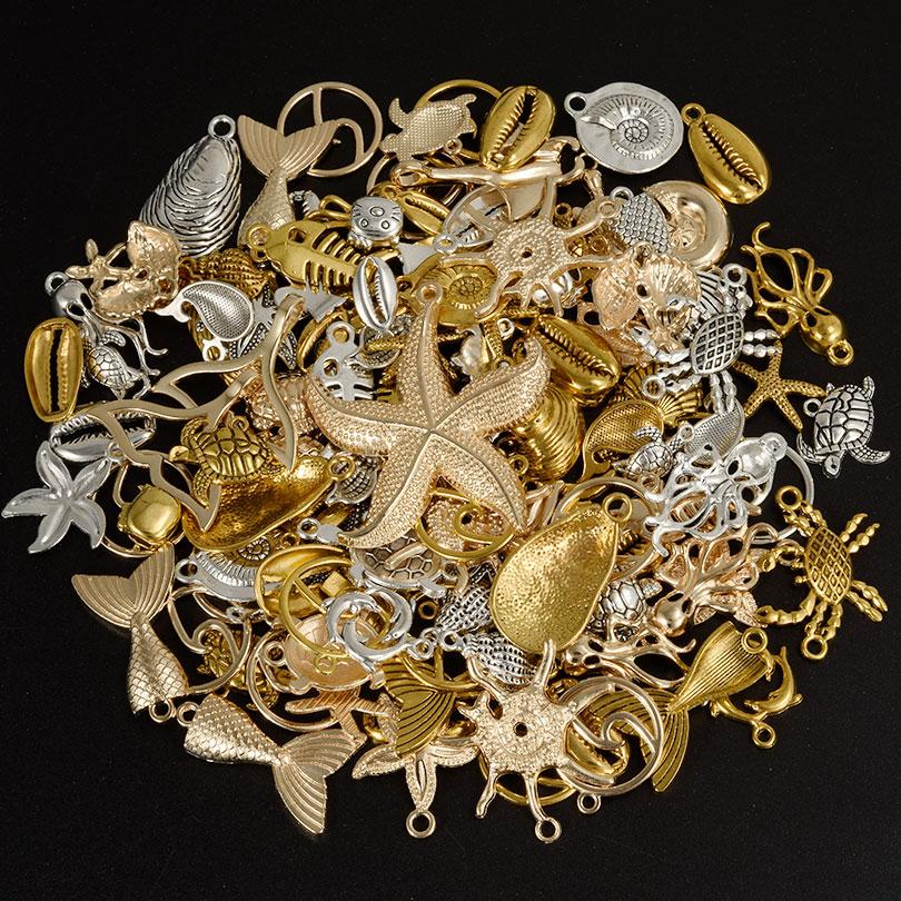 10/20/30pcs Metal KC/Vintage Gold/Silver Color Ocean Animal Charm Random Mix Shell Fish Turtle Charms For Jewelry Making Pendant