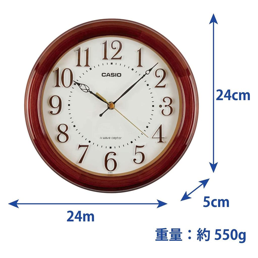 Casio IQ-880J-5JF Funk-Wanduhr, Braun, 24 cm Durchmesser, Analog, Holzrahmen, Nacht-Sekundenzeiger-Stoppfunktion, Wand- oder Tischuhr