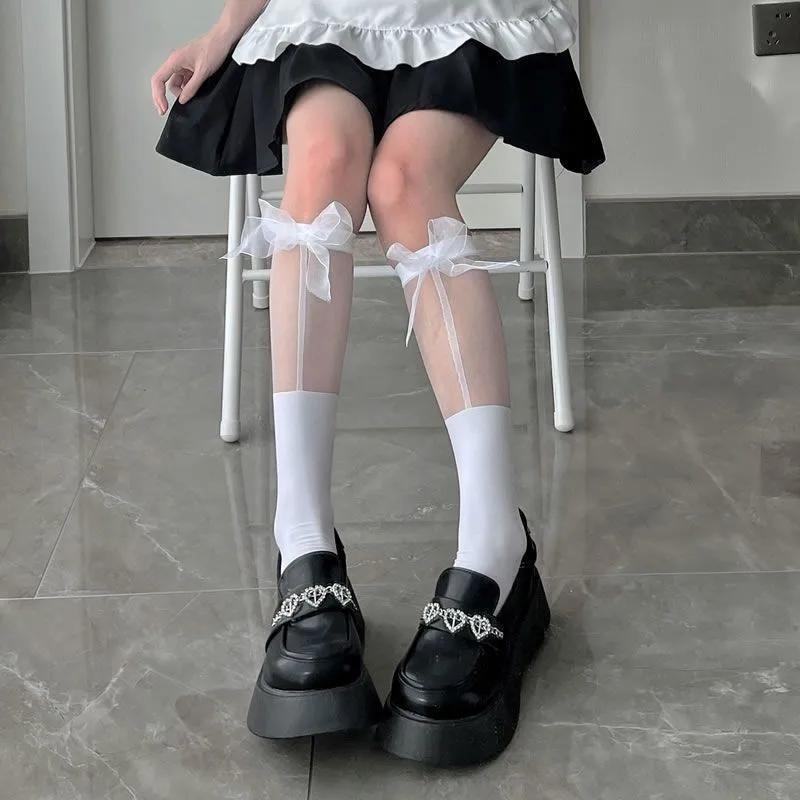 

Transparent Patchwork Calf Socks, Japanese-style Jk Sweet Bow, Lolita Mid-calf Socks, Cute Girls, School Style, Slimming One Size білий