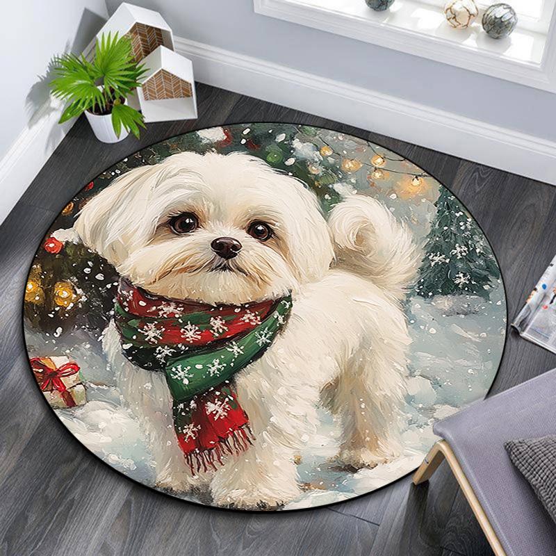 Winter Dog Round Area Rug,Carpet Rug for Living Room Bedroom Sofa Playroom Decor,Non-slip Floor Mat