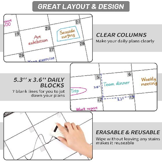 Large Dry Erase Calendar for Wall, Undated 1 Month Wall Calendar, 40" x 28" Erasable & Reble Laminated Calendar, 10 Round Stickers, Great Layout Wall