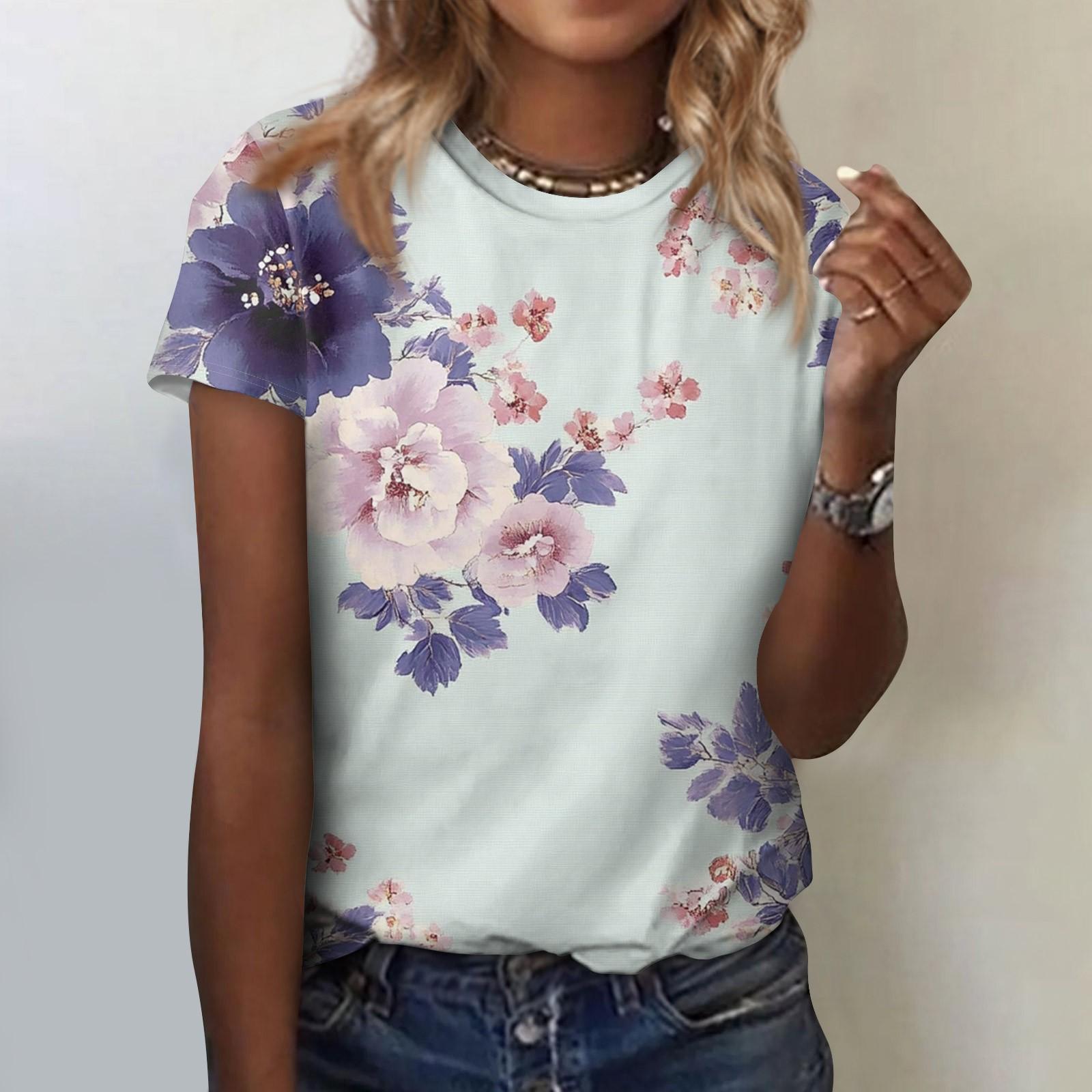 

Женская модная повседневная блузка с круглым вырезом и короткими рукавами с цветочным принтом XL