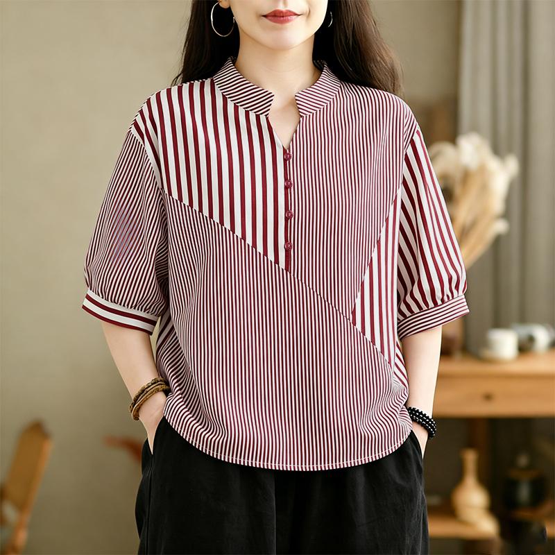 ZANZEA Women Casual V-Neck Half Sleeve Loose Stripe Blouse