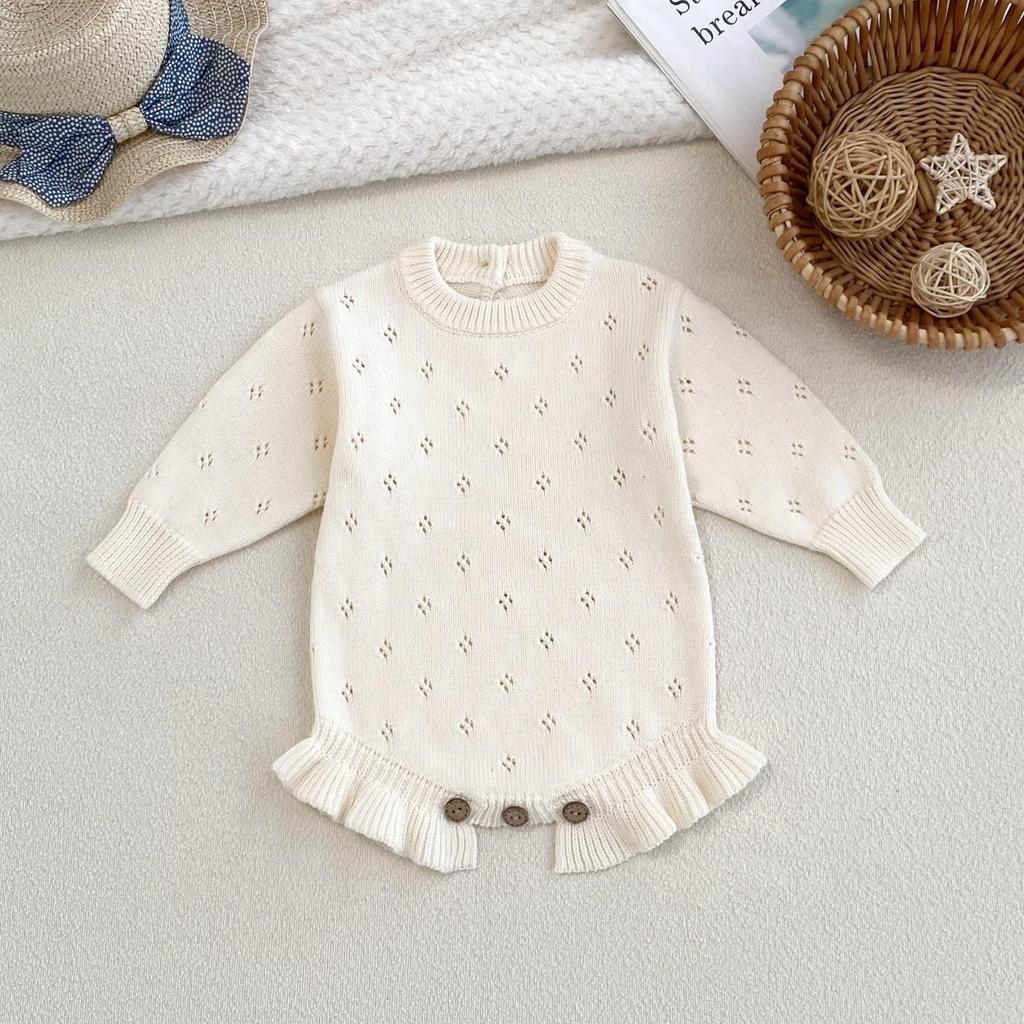 Infant Girl's Pure Cotton Lace Hem Knit Bodysuit Sweater Onesie