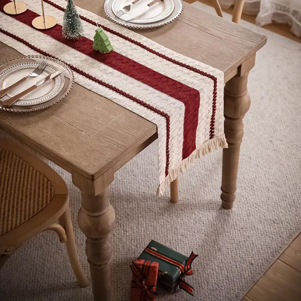 Table flag farmhouse style, natural coarse linen Bohemian table flag modern farmhouse decoration, simple woven cotton crochet la
