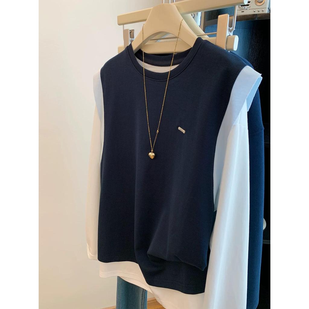 Women's Retro Color Block Long Sleeve Fake Two-Piece Top - Autumn/Winter Loose Fit