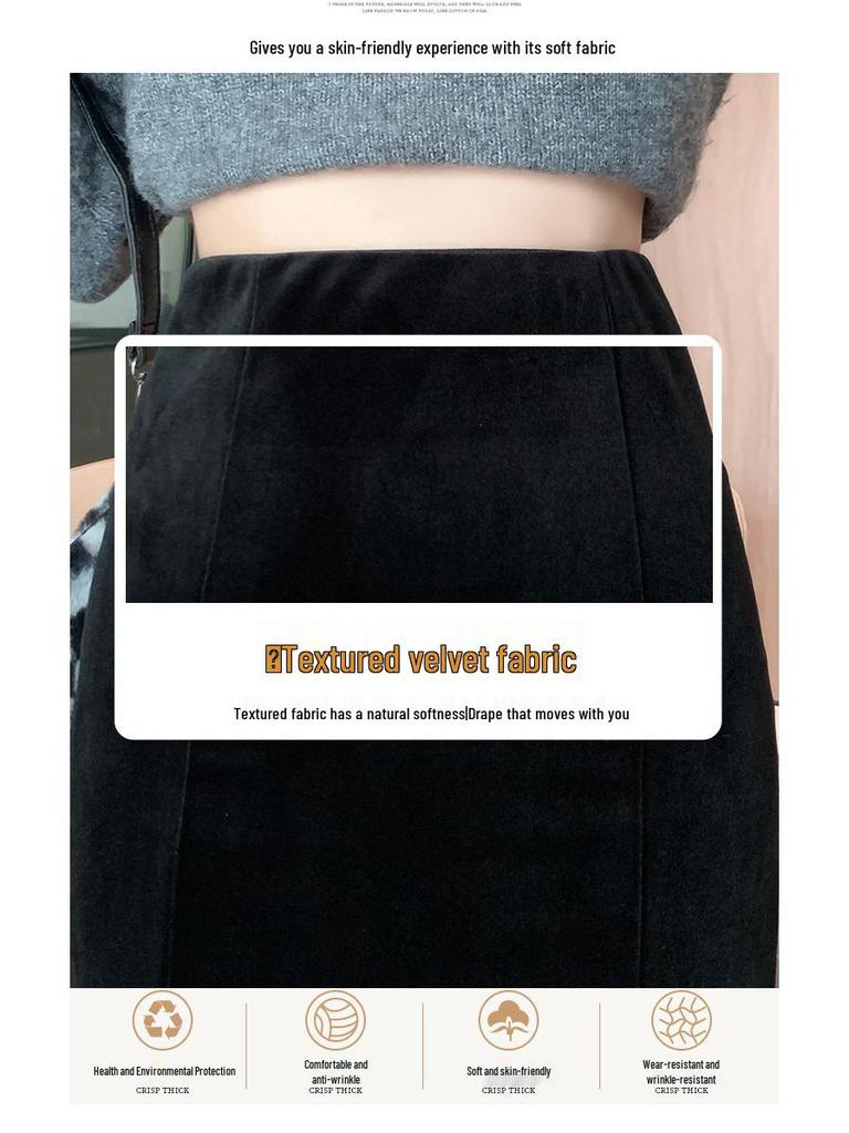 Women's Black Velvet Fishtail Pencil Skirt - High Waist, Slimming, Mid-Length, Pleated, Autumn/Winter.