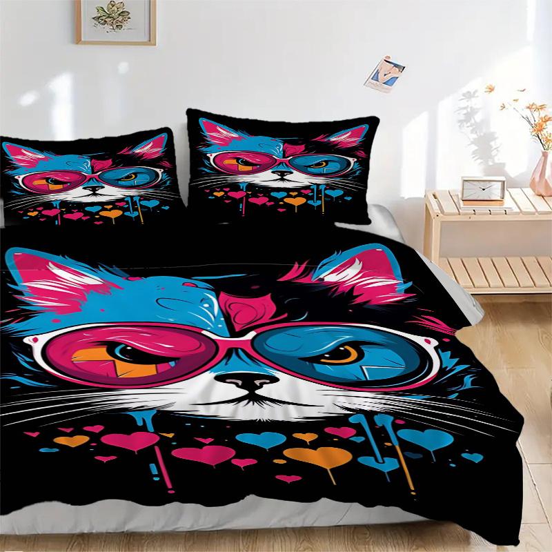 3pcs Colorful Cat with Sunglasses Bedding Set - Includes Quilt Cover and Pillowcases, Suitable for All Seasons,