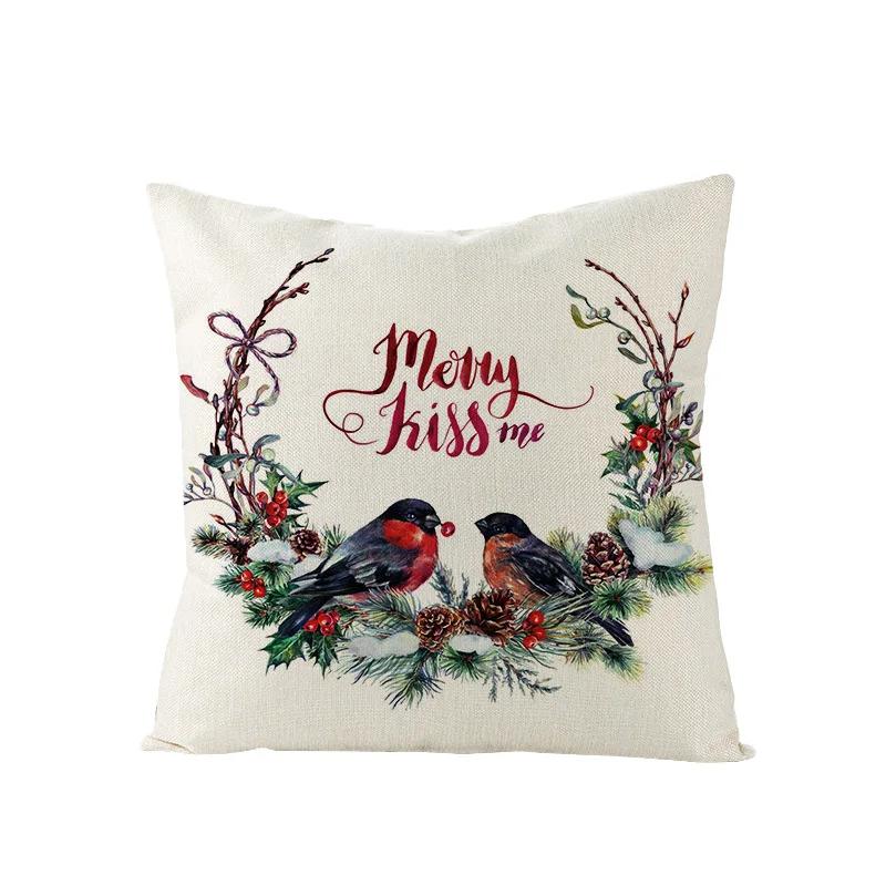 Nordic New Christmas Pillowcase Watercolor Wreath Linen Cushion Cover Sofa Cushion Cover
