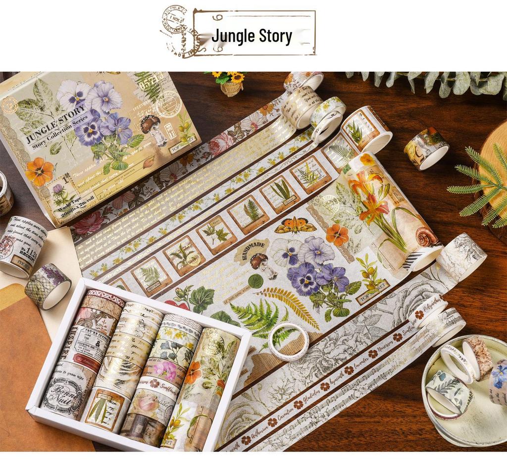 AGUGU Story Collection Gold Foil Retro Journal Washi Tape & DIY Decorative Stickers Set