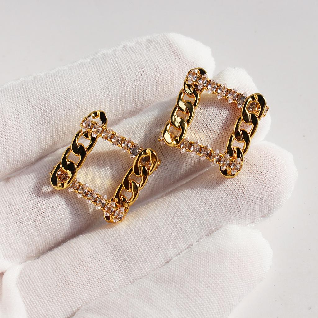 Shining Zircon Splicing Metal Chain Stud Earrings Cold Wind Hollow Geometric Rhombus Earrings Silver Needle 118