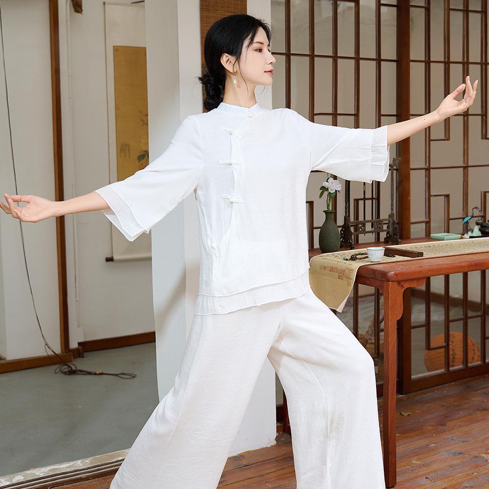 

Этнический костюм из хлопка и льна для занятий Дзен Тай Чи, комплект из двух предметов, 2025: Костюм для медитации, йоги и чайной церемонии M белый