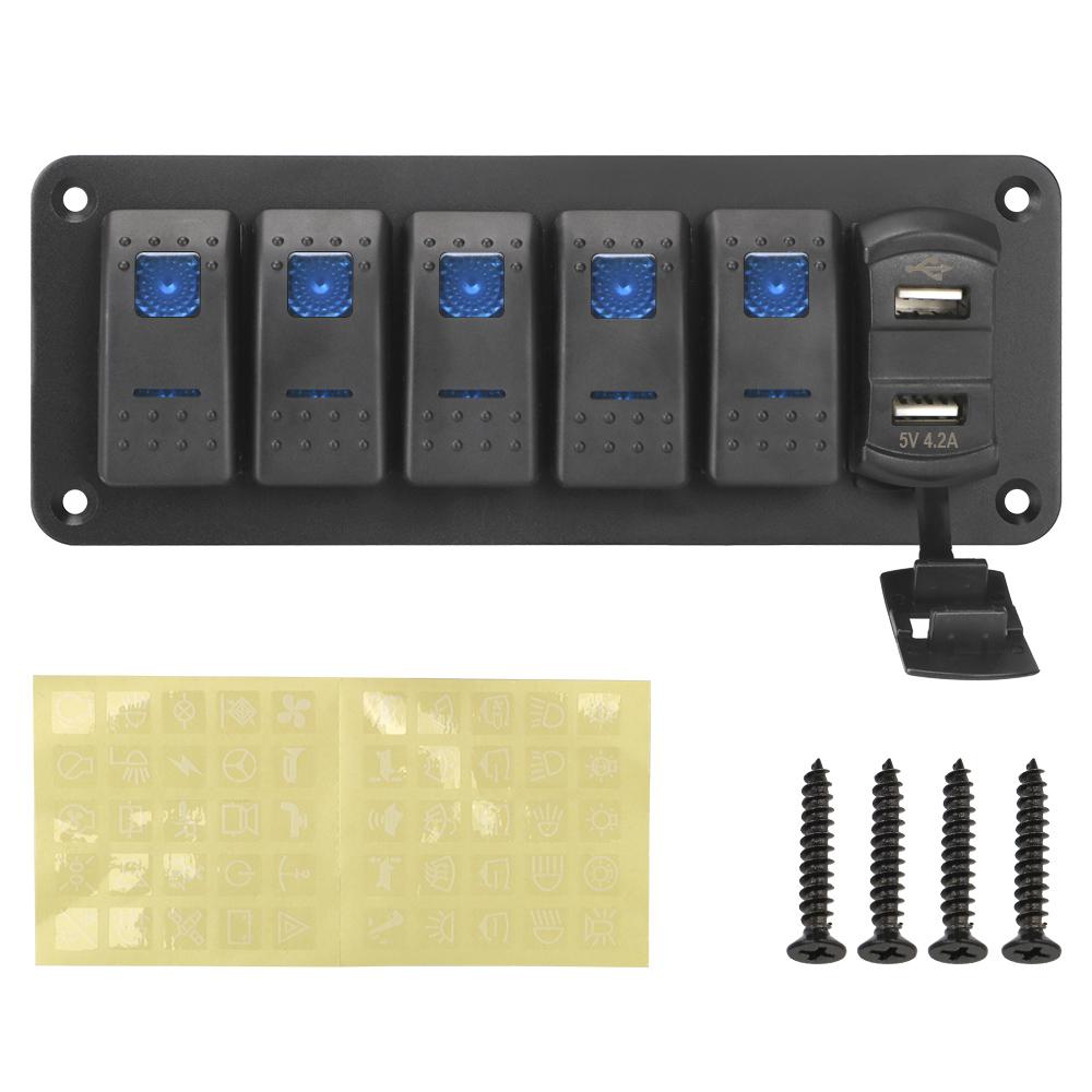 5 Gang Rocker Switch Panel Automobile switch Dual USB Port 4.2A Outlet Combination Digital Voltage Display
