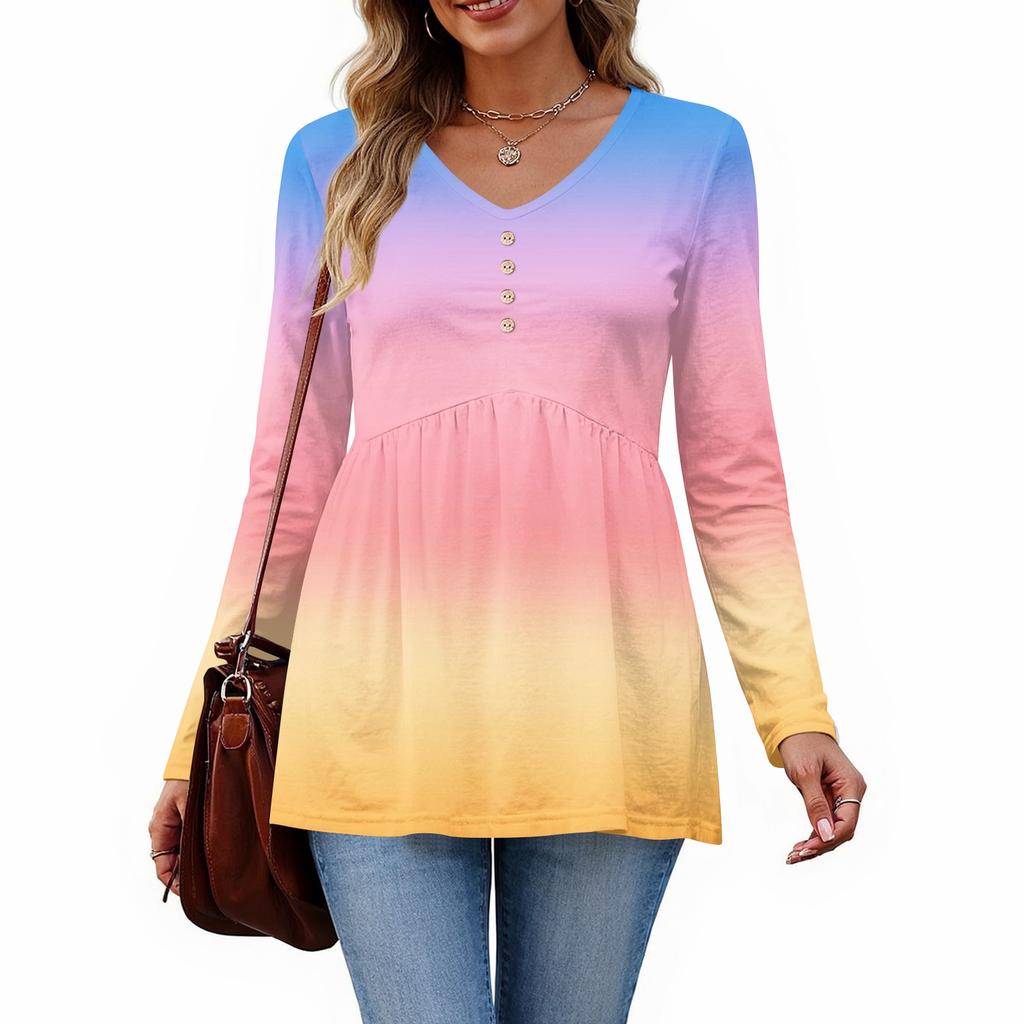 Women's Casual Fashion V-Neck Button Gradient Long Sleeve Top