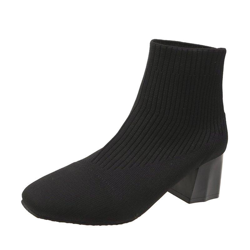 Women's Fall New Block Heel Booties Square Toe Knit Stretch Non-Slip Sock Boots