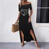 In stock, European and American summer new dresses women's clothing one-word shoulder split printing casual loose long dress