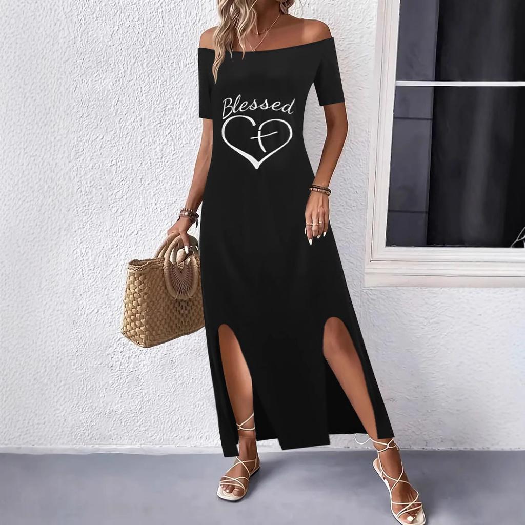 In stock, European and American summer new dresses women's clothing one-word shoulder split printing casual loose long dress