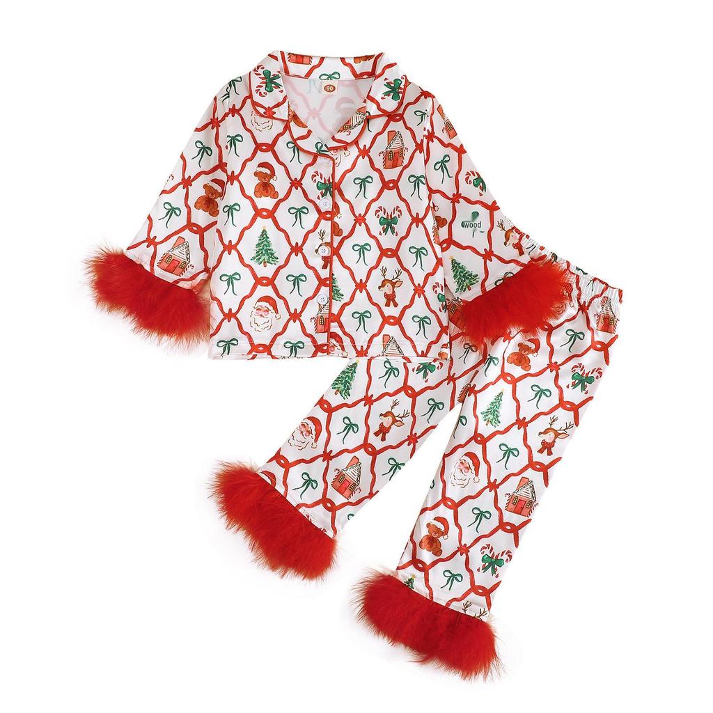 Autumn Christmas Long Sleeve Pajama Set - Children's Bow Print Homewear