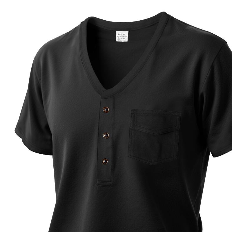 Herenlos V-hals Henley T-shirt met zak en korte mouwen.