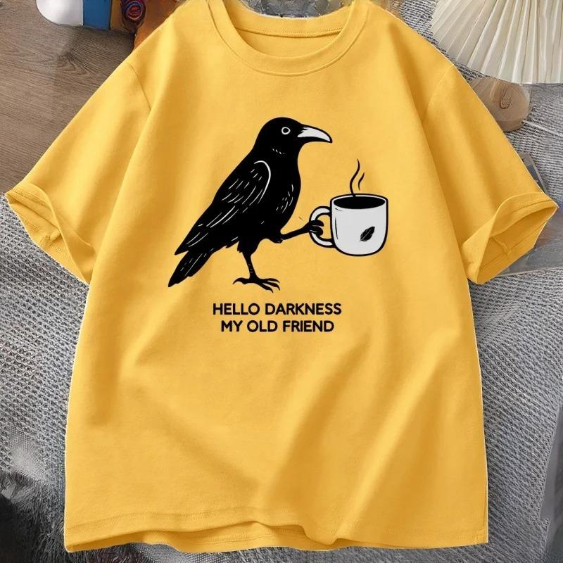 Vintage Crow Coffee T Shirt Halloween TShirt Fall Tee Women Unisex Tops Creative Crew Neck Tees Short Sleeve Loose TShirt Tops