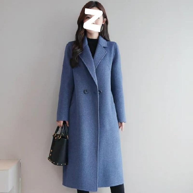 

Woolen Coat Coat Women s Coat Spring and Autumn Mid-length Large Size Woolen Loose Woolen Coat S синій