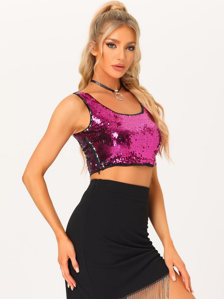 Allegra K Christmas Crop Tank Metallic Sequined Round Rose Size S Women's Top, Sleeveless, Neck, Red,