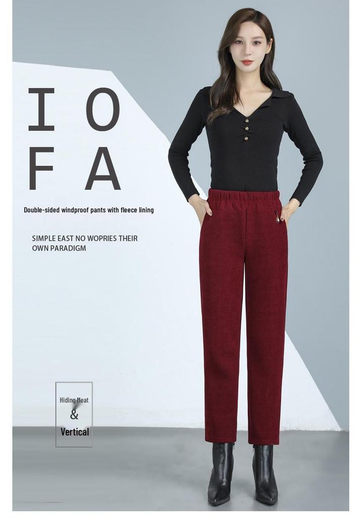 High-Waisted Corduroy Mom Pants with Velvet, Plus Size, for Middle-Aged & Elderly Women, Loose Straight-Leg Cropped Fit
