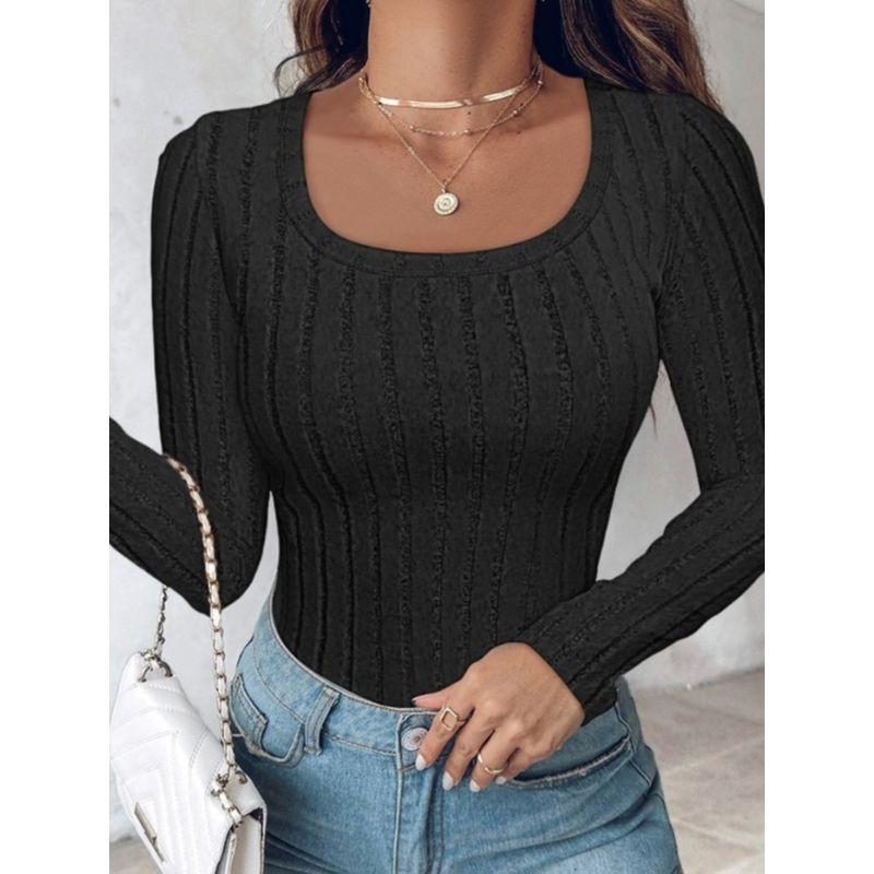 Autumn New European and American Amazon Fashion Solid round Neck Temperament Slim fit Long sleeves Shirt Top Bottoming Shirt Multi-Color