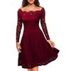 Women's  Casual Fasion Solid Color Strapless Hollow Out Long-sleeve Waist A-line Big Swing Lace With  Dress