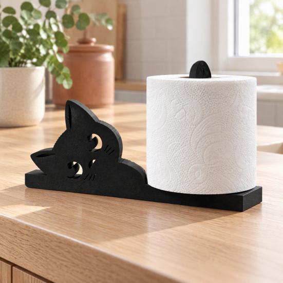 Cute Animal Tissue Holder Cat Shape Roll Paper Stand, Decorative Black Plastic Towel for Kitchen Holder, Stable Base Sturdy Dispenser Countertop Stand