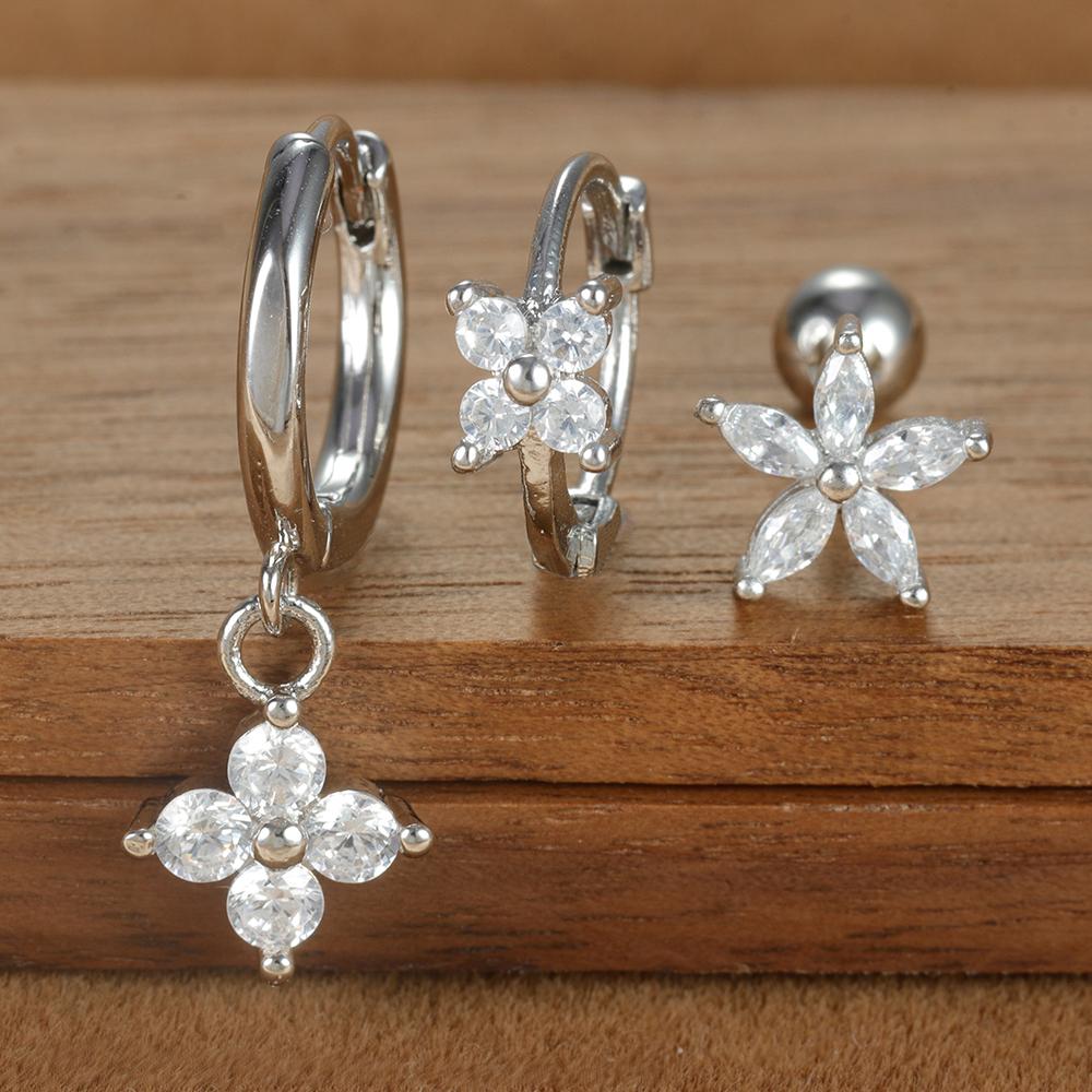 Ensemble de 3 Boucles d'Oreilles Anneau Couronne en Acier Inoxydable Couleur Argent pour Femmes Quatre Fleurs Zirconium Piercing Cartilage Boucle d'Oreille Bijoux Mode
