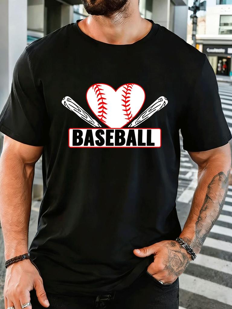 Unisex Short Sleeve T Shirt Baseball Heart Bat Graphic Tee Sports Art Print Tops Summer Soft Cotton Casual Street Wear Adult Male
