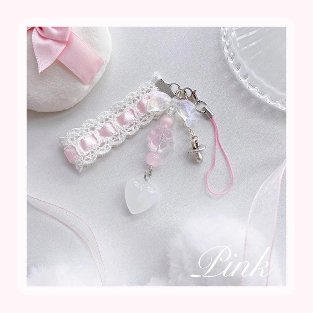 Trendy Pink Phone Charms Pendant Kawaii Cute Bowknot Bead Car Key Ring Handmade Y2K Peach Sweet Girl Keychain