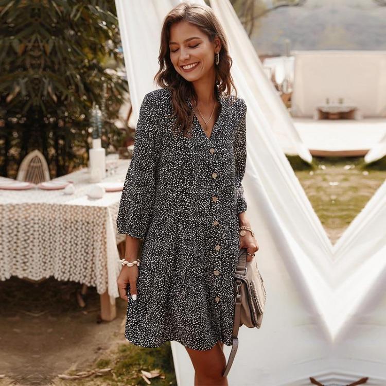 Women Summer Casual V-neck Mini Dress Three Quarter Sleeve Single Breasted Print Above Knee Sizes S-XL Black White Burgundy