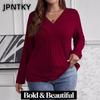 JPNTKY Women's Fashion Casual Solid Color Print Long Sleeve V Neck Blouses & Shirts