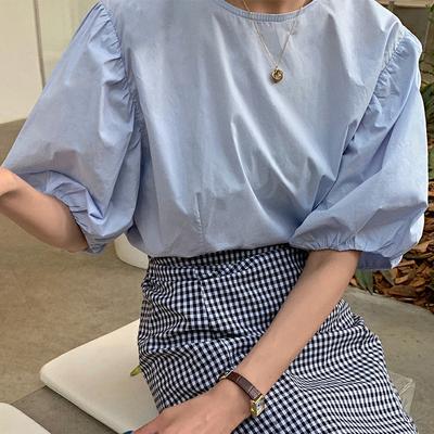 Casual Ladies' Shirt Shirt Women's Thin Round Collar Short Sleeve Bubble Sleeve Loose Pullover Student White Blouse Temperament Elegant Fashion Top