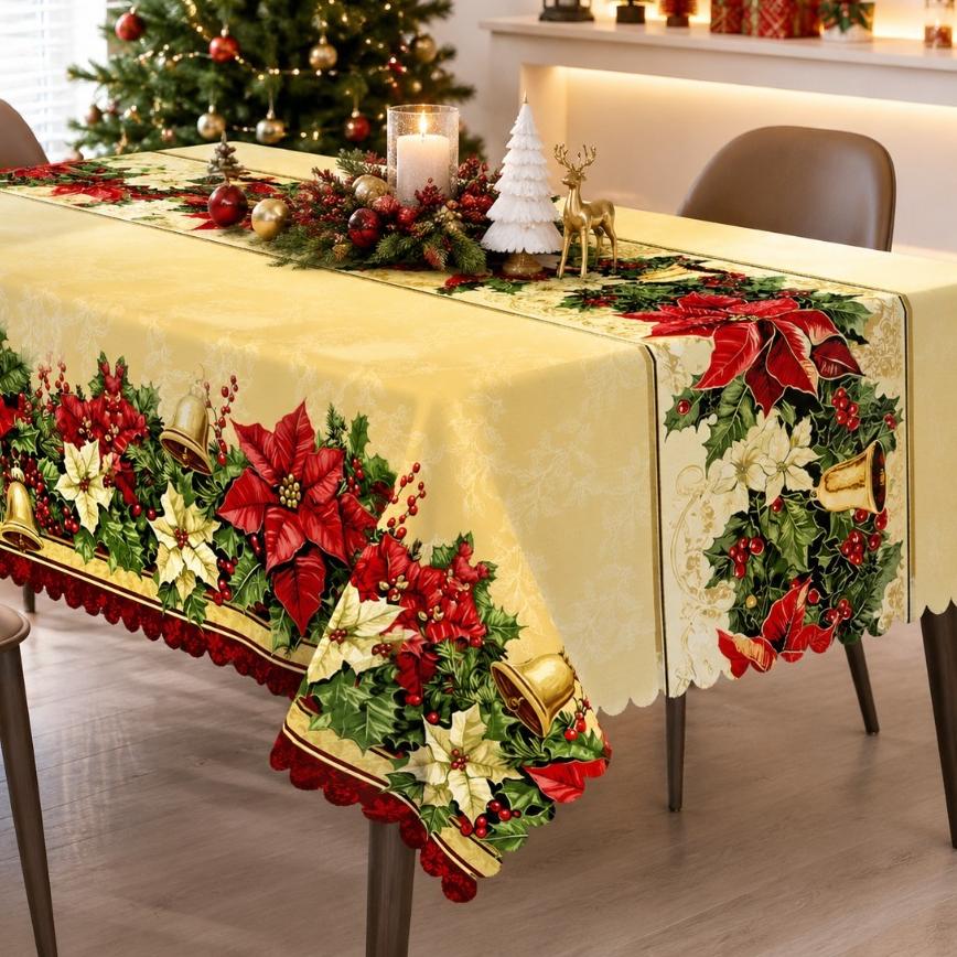 Vintage Christmas Rectangle Table Cloth Poinsettia Bell Holly Berry Table Cover Christmas Decorations for Kitchen Dining Decor
