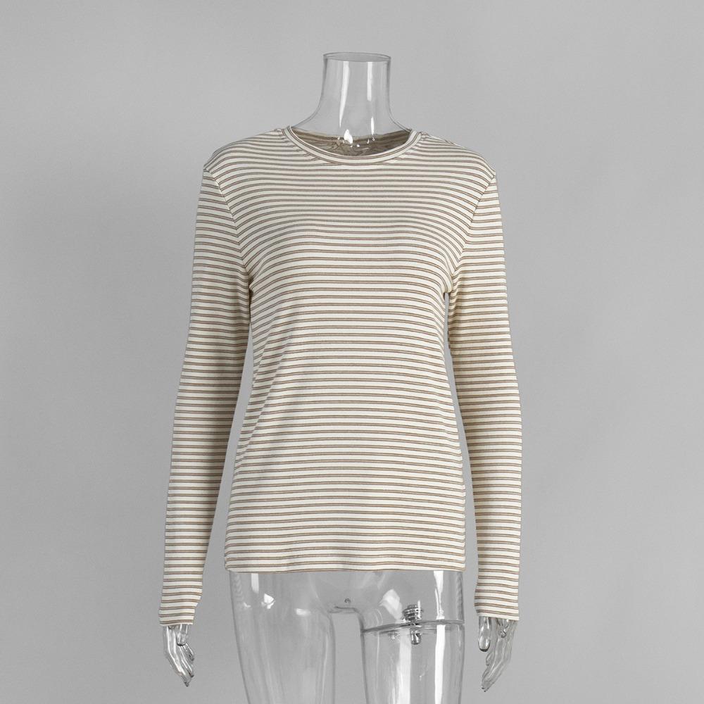Women s Crew Neck Long Sleeve Tee Slim Fit Commuter Casual Striped Cotton Basic Layering Top S