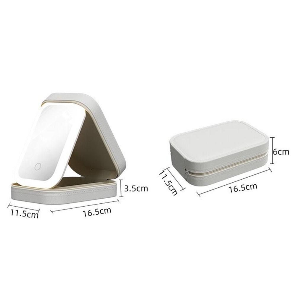 Mini LED Makeup Mirror USB Rechargeable Leather Case Jewelry Case Touch Control 360° Rotation Cosmetic Storage