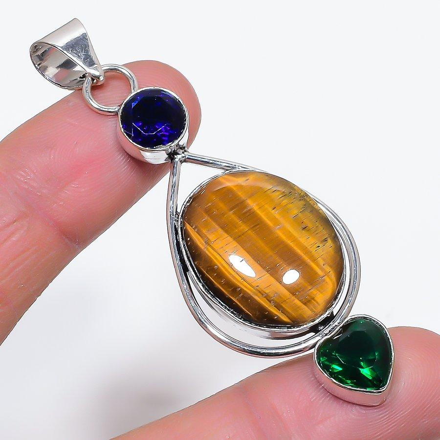 

Tiger Eye, Diopside Handmade 925 Sterling Silver Jewelry Pendant 2.76 Z9e71